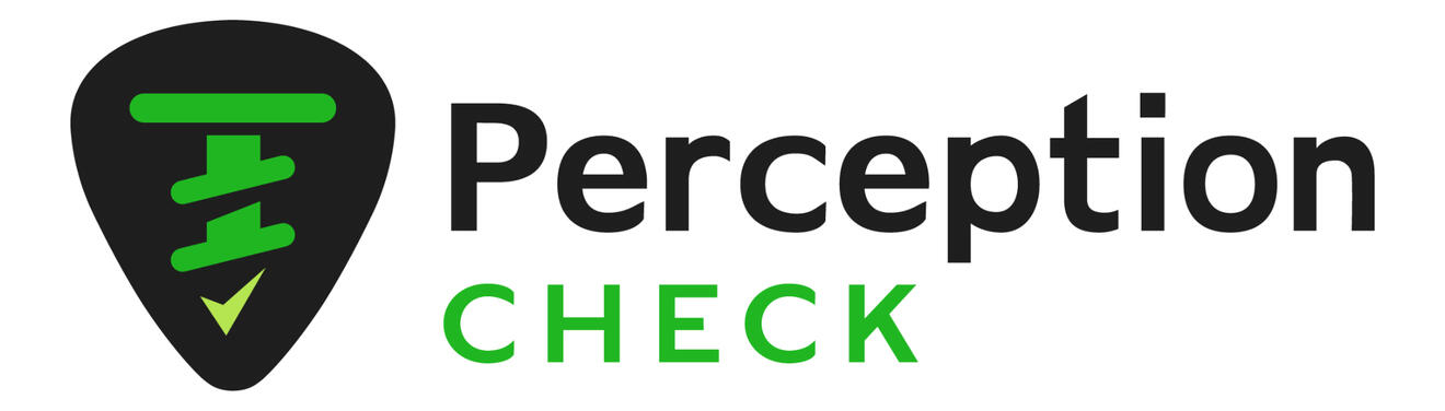 Perception Check logo Perception Check logo - a black guitar pick with a green screen and light green checkmark on it.