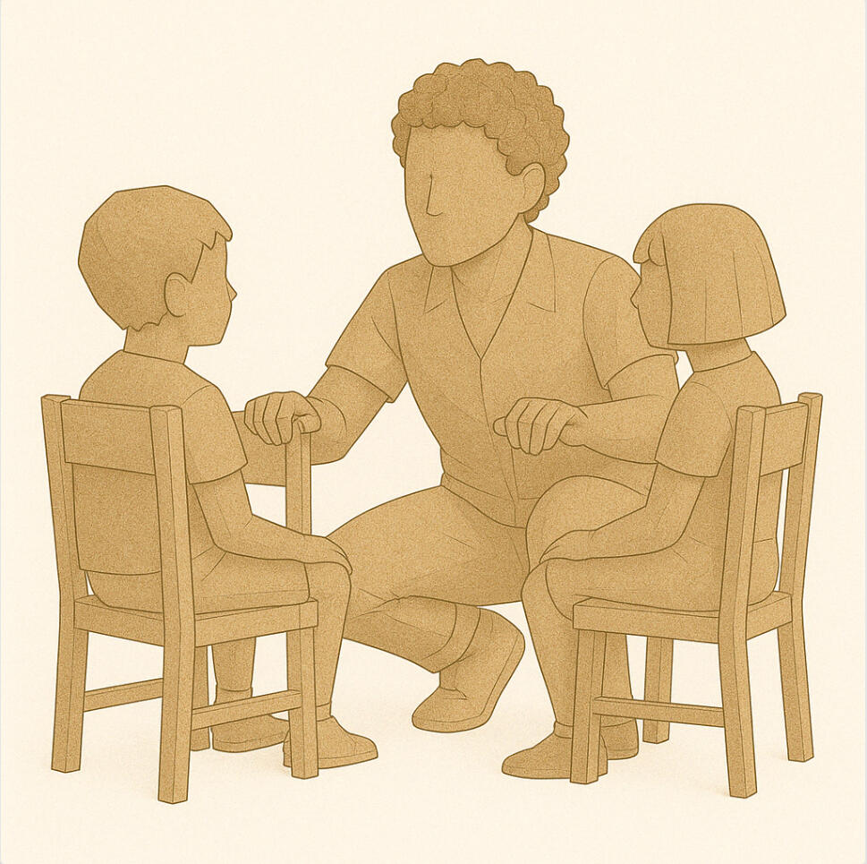 A paper craft folded paper figure of a person with curly hair holding a clipboard in front of their body. The image is quite abstract.