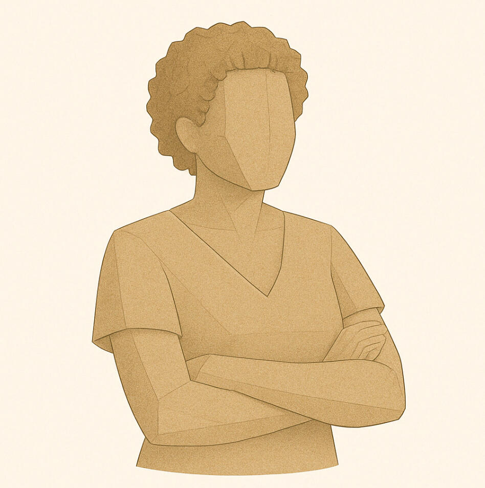 Origami or paper craft figures sitting in two chairs having a conversation. Neither one has a definitive gender, but the one on the right is wearing an origami baseball hat.