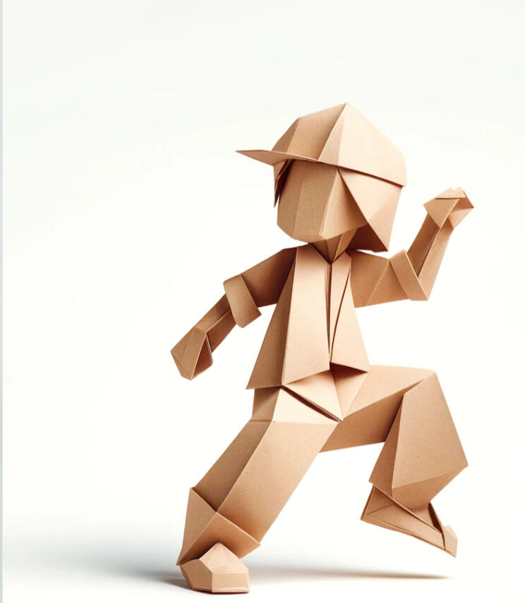 A paper craft folded paper figure of a person with curly hair holding a clipboard in front of their body. The image is quite abstract.